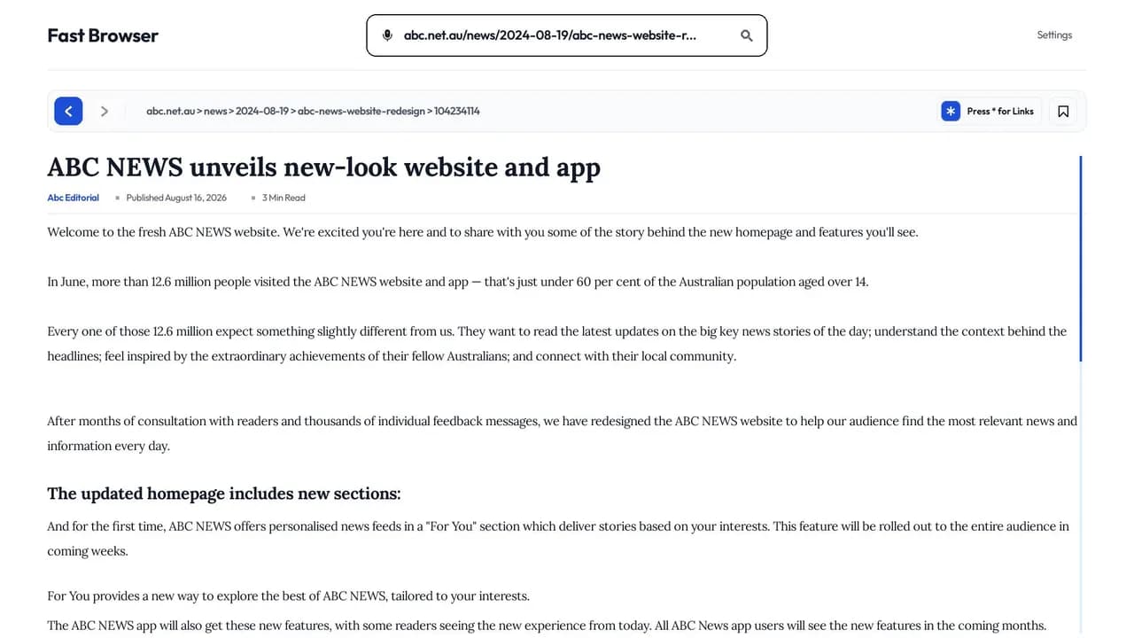 Fast Browser reader view on a TV, showing a news article as clean text